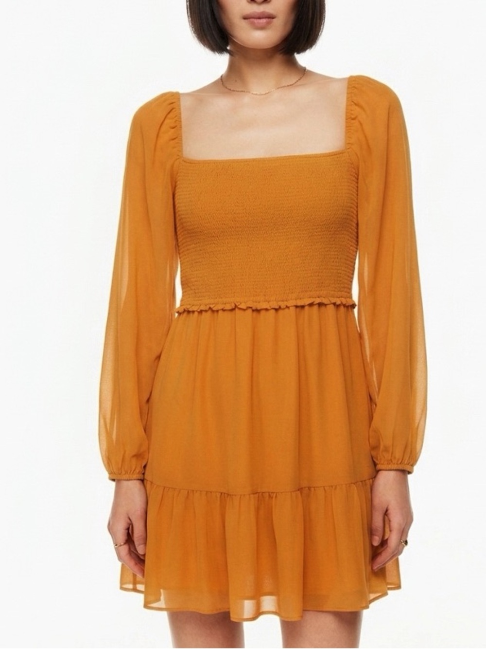 Wilfred Tempest Mini Dress Size Medium Smocked Chiffon Burnt Orange